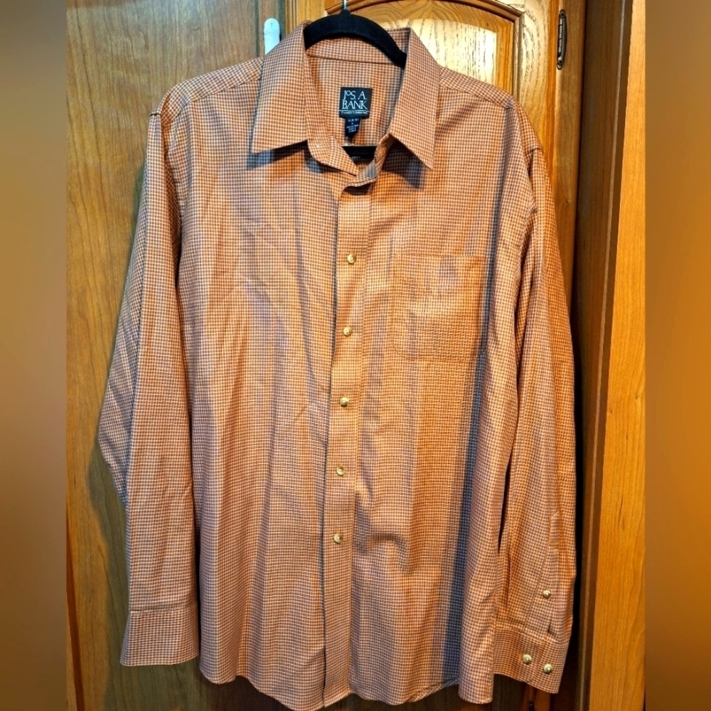 Jo's. A Bank men's large long sleeve button-down shirt.  Orange/ grey plaid